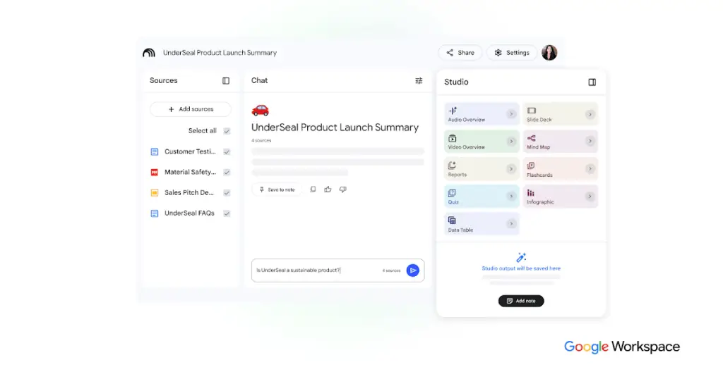 لقطة ل واجهة الاستخدام الخاصة ب أداة Gemini Notebook