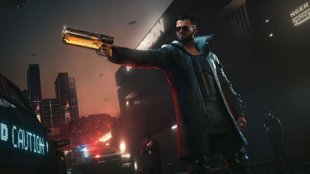 لقطة شاشة من لعبة Cyberpunk 2077 تظهر شخصية تحمل مسدساً