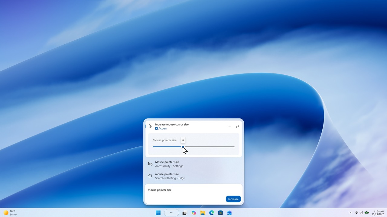 واجهة مستخدم نظام Windows 11 تظهر إعدادات حجم مؤشر الفأرة
