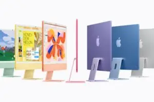 مجموعة أجهزة iMac من Apple بألوان مختلفة ومن زاويات متعددة