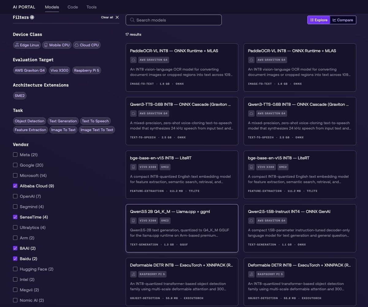 واجهة منصة AI Portal التي تعرض نماذج الذكاء الاصطناعي على أجهزة Arm الحافة