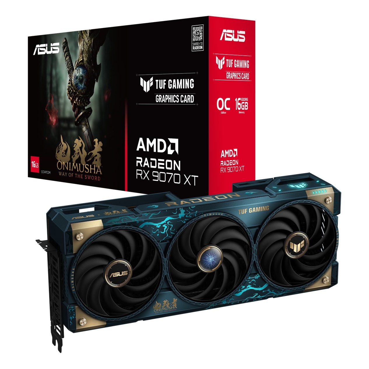 صورة تسويقية لبطاقة ASUS TUF Gaming Radeon RX 9070 XT Onimusha مع صندوقها