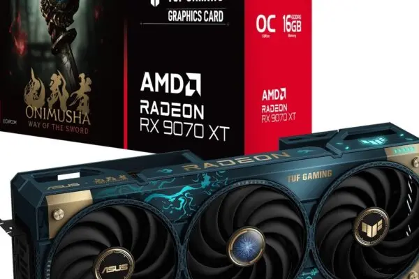 بطاقة ASUS TUF Gaming Radeon RX 9070 XT Onimusha مع صندوقها الرسمي