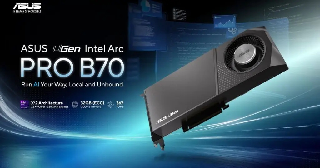 صورة تسويقية لمسرع الذكاء الاصطناعي ASUS UGen Intel Arc Pro B70