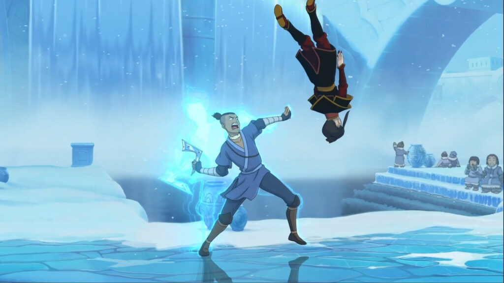 لقطة من لعبة Avatar Legends تظهر شخصيات تقاتل في بيئة ثلجية