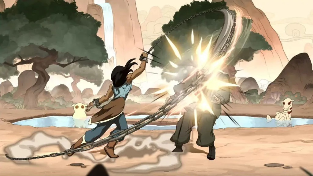 مشهد قتالي من داخل لعبة Avatar Legends يظهر شخصيات تحارب بالسلاسل