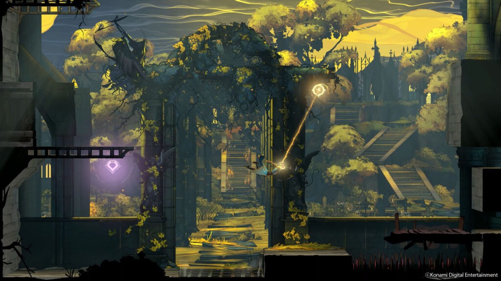 مشهد من لعبة Castlevania يظهر بيئة مظلمة وشخصية تقاتل
