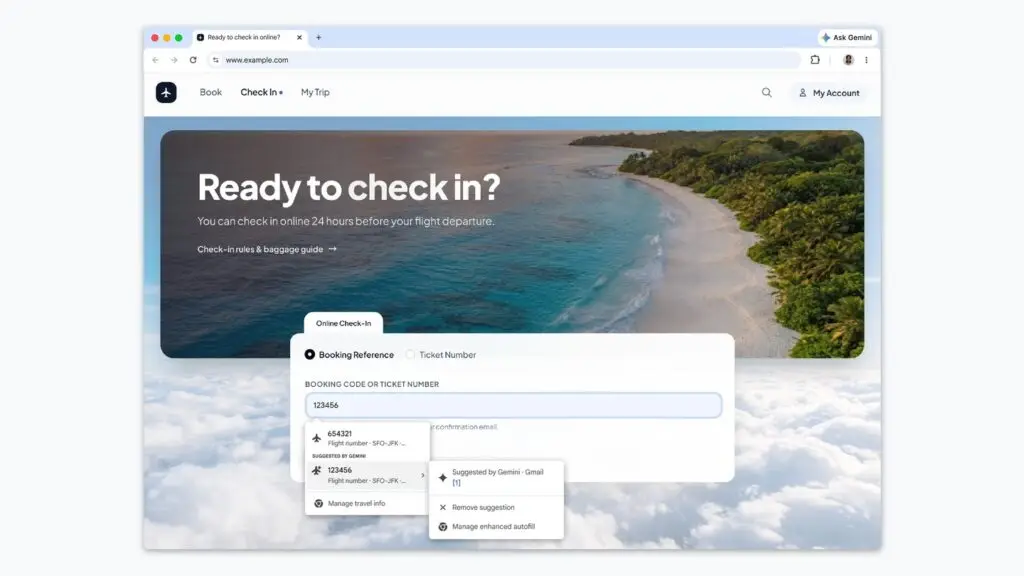لقطة màn hình تعرض ميزة تعبئة النماذج التلقائية في Chrome عبر Gmail