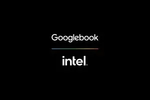 شعار Googlebook مع شعار intel على خلفية سوداء