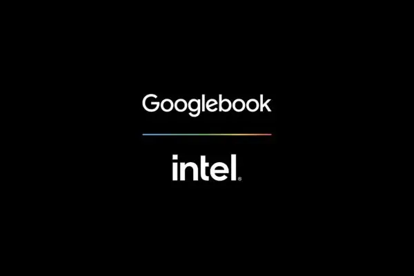 شعار Googlebook مع شعار intel على خلفية سوداء