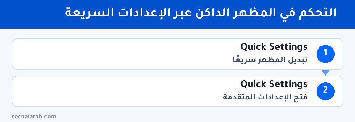 خطوات التحكم في المظهر الداكن عبر الإعدادات السريعة