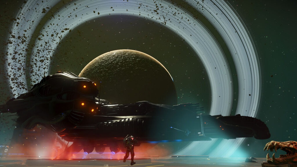 لقطة شاشة من لعبة No Man’s Game تظهر سفينة فضائية ضخمة في الفضاء