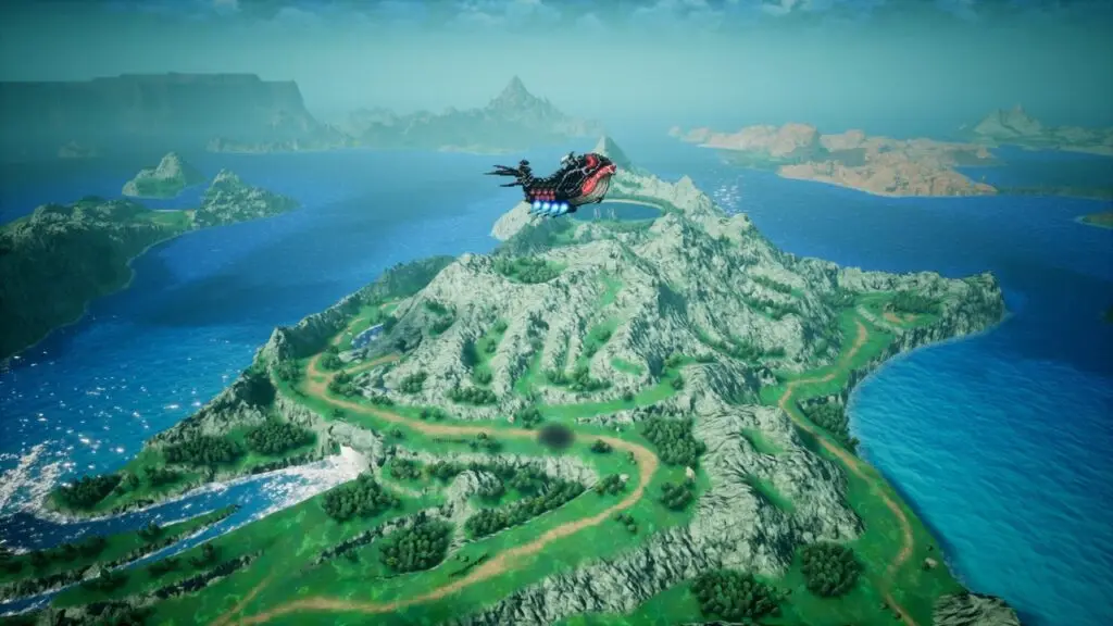 منظر جوي لعالم لعبة FINAL FANTASY RESONANCE مع سفينة طائرة