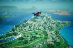 منظر جوي لعالم لعبة FINAL FANTASY RESONANCE مع سفينة طائرة
