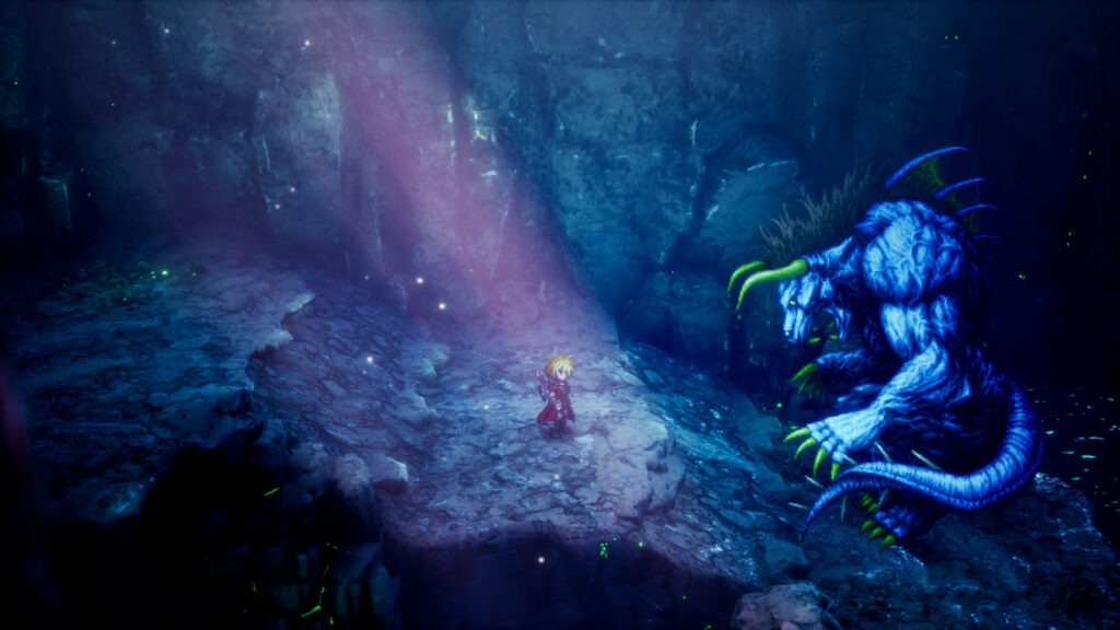 مشهد من لعبة FINAL FANTASY RESONANCE يظهر شخصية تقف أمام وحش ضخم