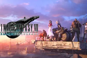 شخصيات لعبة Final Fantasy VII Remake مع شعار اللعبة