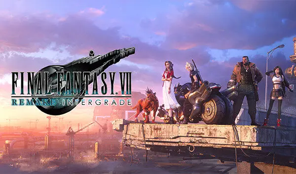 شخصيات لعبة Final Fantasy VII Remake مع شعار اللعبة