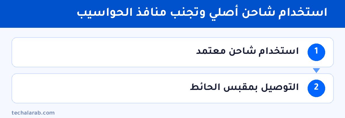 خطوات استخدام شاحن أصلي وتجنب منافذ الحواسيب