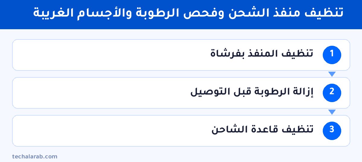 خطوات تنظيف منفذ الشحن وفحص الرطوبة والأجسام الغريبة