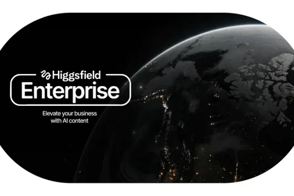شعار Higgsfield Enterprise مع خلفية لرضا كوكب الأرض بالذكاء الاصطناعي