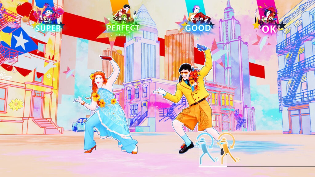 لقطة شاشة من لعبة Just Dance: Decades of Hits تظهر شخصيتين ترقصان