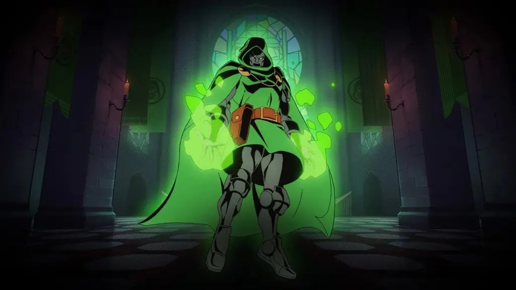 شخصية Doctor Doom تستعرض قوى سحرية خضراء داخل قلعة مظلمة