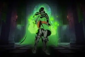 شخصية Doctor Doom تستعرض قوى سحرية خضراء داخل قلعة مظلمة