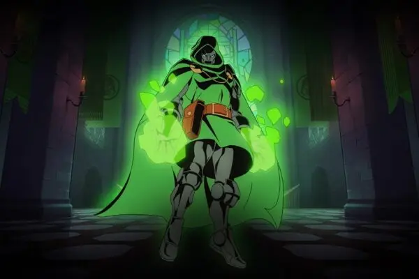 شخصية Doctor Doom تستعرض قوى سحرية خضراء داخل قلعة مظلمة