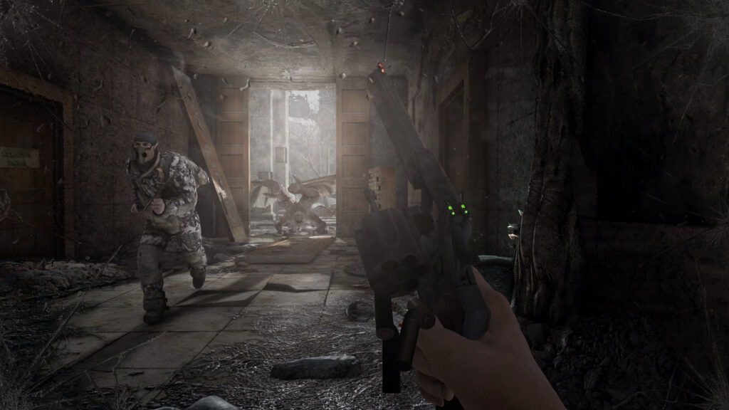 لقطة شاشة من داخل لعبة Metro Redux تظهر شخصية تحمل سلاحاً.