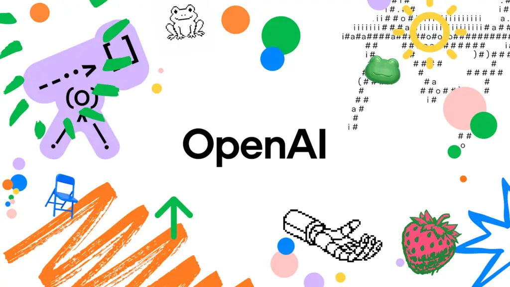 شعار OpenAI مع رسومات توضيحية ملونة تعبر عن الذكاء الاصطناعي