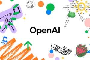 شعار OpenAI مع رسومات توضيحية ملونة تعبر عن الذكاء الاصطناعي