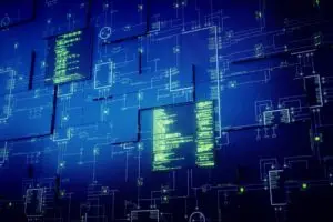 تصميم تقني يمثل لوحة دوائر إلكترونية ومعالجات Arm AGI CPU
