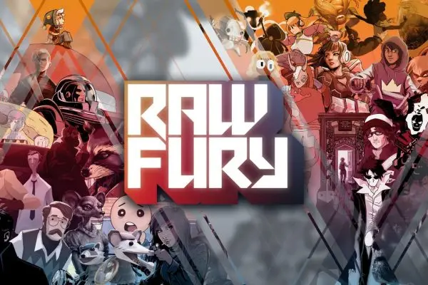 شعار شركة Raw Fury يحيط به مجموعة من شخصيات ألعابها المتنوعة.
