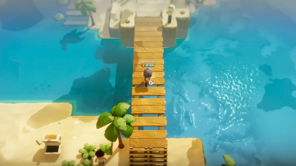 لقطة من داخل لعبة Scramble Knights Online تظهر شخصية تعبر جسراً خشبياً فوق الماء