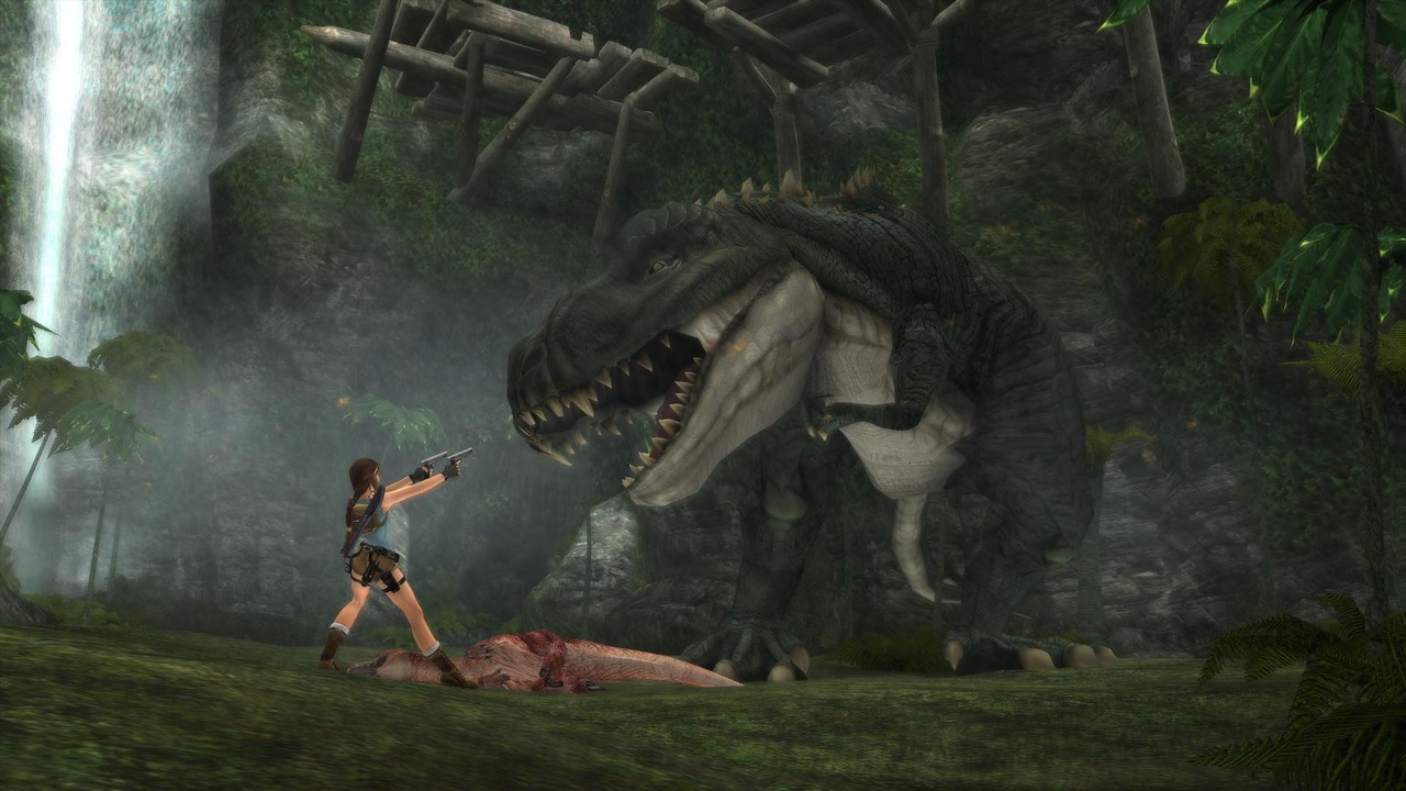 شخصية Lara Croft تواجه ديناصوراً في لعبة Tomb Raider Legacy of Atlantis.